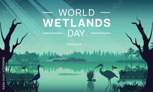 World Wetlands Day design. It features a lake with plant and animal. Vector illustration