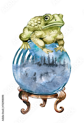 Watercolor  magic crystal ball, fortune teller with predictions and positive affirmations and frog.Sacred Witch and Mystical Symbols. Wizard and wizardry concept design. Magical world clipart. photo