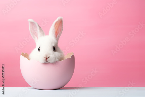 White Easter bunny in Pastel pink shell of Easter egg on the pink background with copy space photo