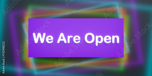 We are open. Colored banner, information sign, sayings. Business, retail, store, opening event, marketing.