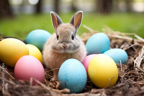 Happy Easter Bunny with many colorful easter eggs on the green grass