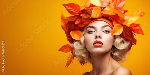 Portrait of a model girl with a wreath of autumn leaves on her head on an orange background  banner with copy space