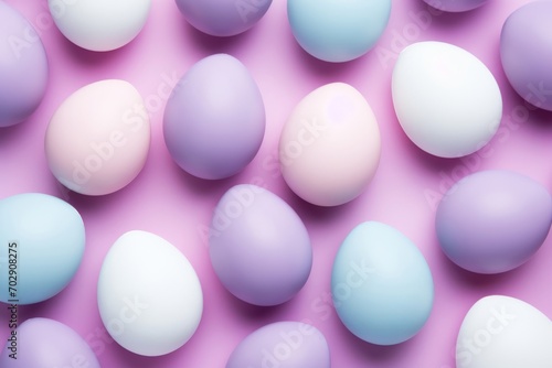 Top view photo of pastel Easter eggs on a pink background