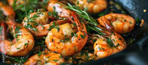 Pan-fried shrimps with herbs.