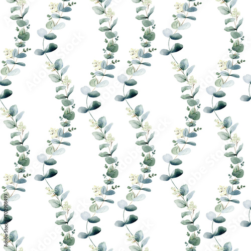Watercolor seamless floral background. Pattern with eucalyptus leaves. Png.