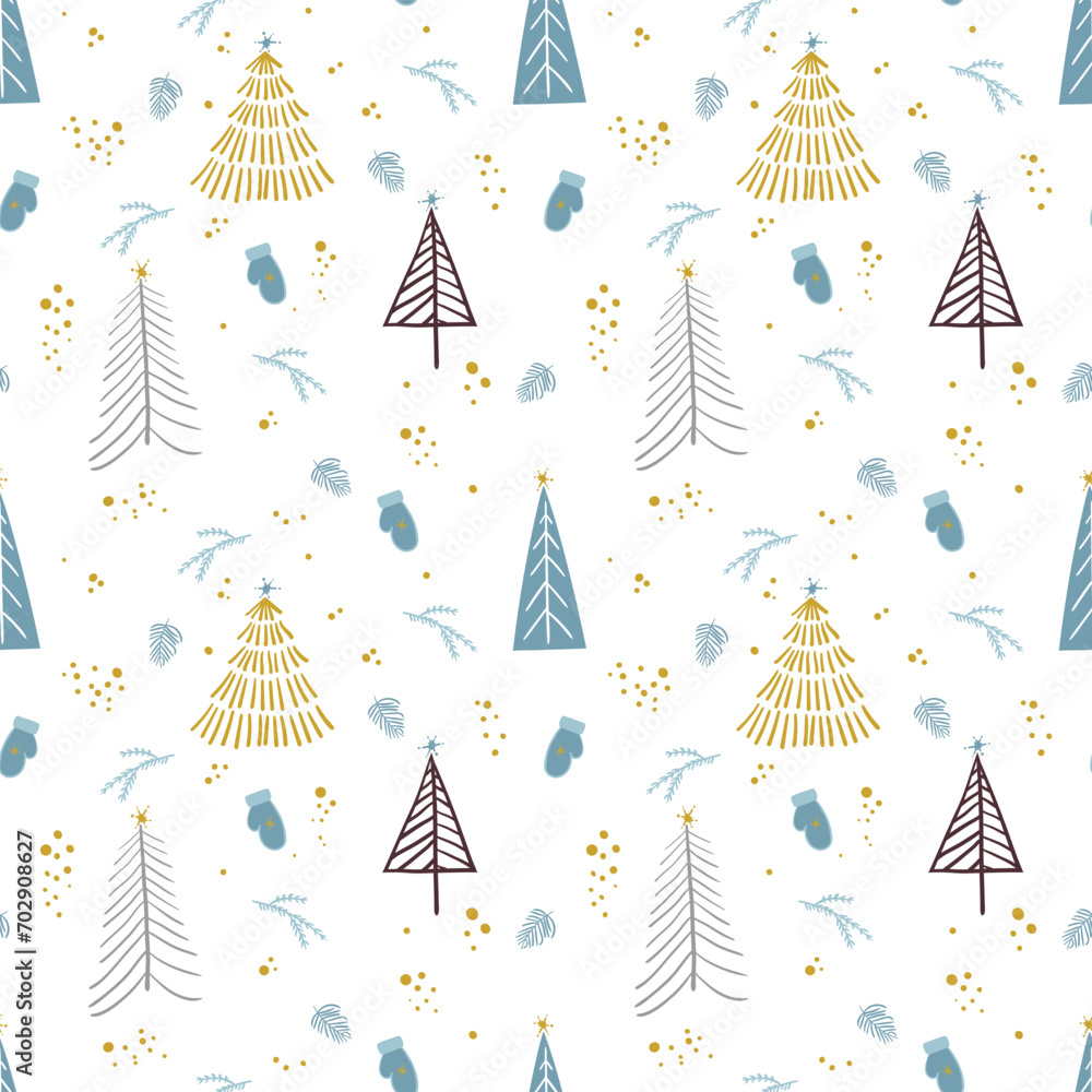 Hand drawn naive style seamless with different winter trees on white background. Can be used as all-over print for pajamas, fabrics, wallpapers, diaries, school exercise books, wrapping, decoration Hand drawn naive style seamless with different winter trees on white background. Can be used as all-over print for pajamas, fabrics, wallpapers, diaries, school exercise books, wrapping, decoration