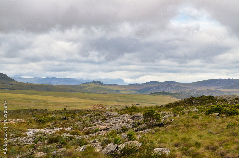 Mountains in the state of Minas Gerais in Brazil. This region is inland and is called Lapinha da Serra and is part of the mountain range called Espinhaco. This mountain range is made up of high peaks,