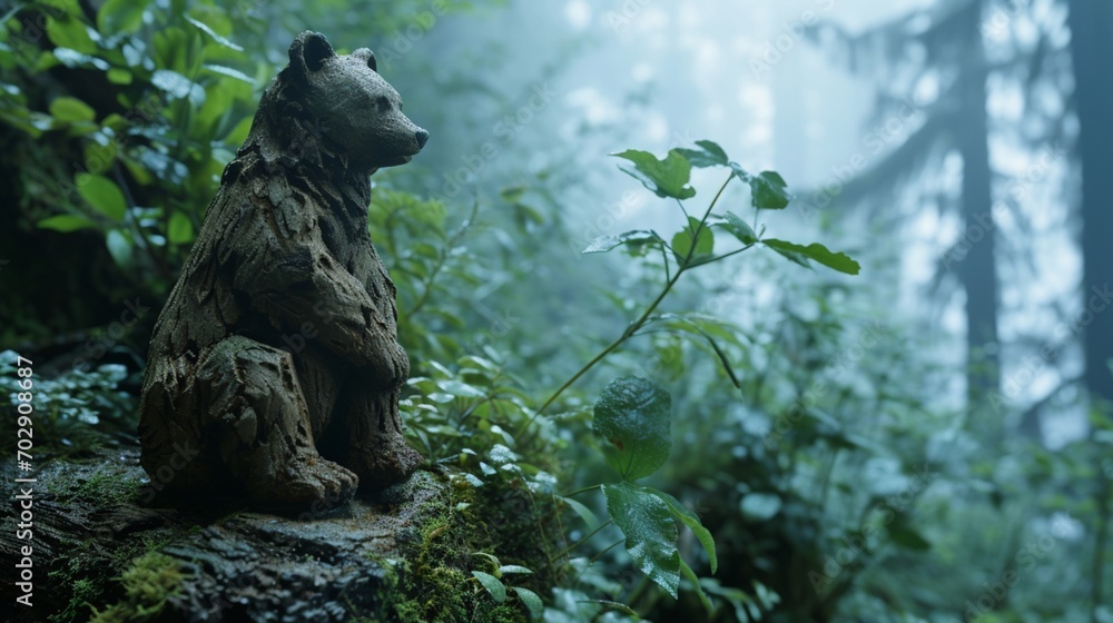 Obraz premium A close-up of a scout's handiwork, a small wooden carving of a bear, set against the backdrop of a dense, misty forest in the early morning.
