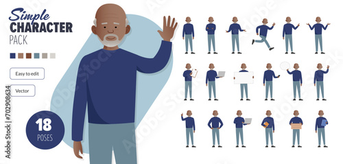 Simple flat old black senior male vector character in a set of multiple poses. Easy to edit and isolated on a white background. Modern trendy style character mega pack with lot's of poses.