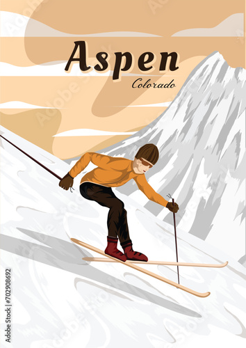 Aspen mountain ski resort poster design. Aspen Colorado vintage poster design. Vintage travel poster skiing in the winter.
