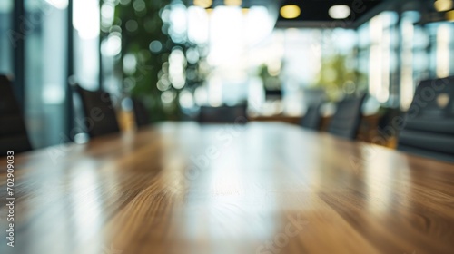 Blurry corporate conference table with glass interior on wooden surface for showcasing office products in a defocused office setting.