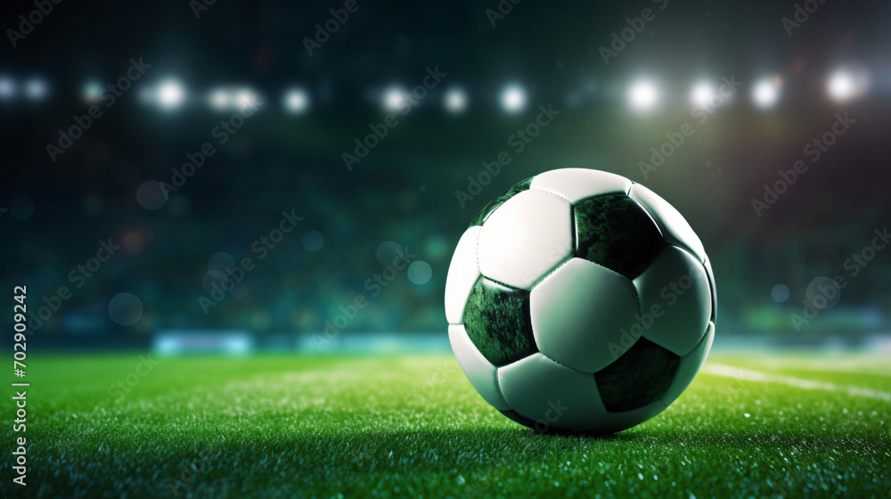 Soccer ball on green football field of stadium