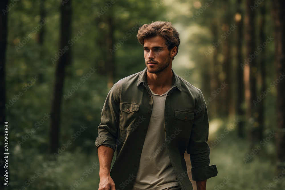 A young man in casual clothing stands thoughtfully in the forest. The concept is a moment of solitude and reflection in nature. A young man in casual clothing stands thoughtfully in the forest. The concept is a moment of solitude and reflection in nature.