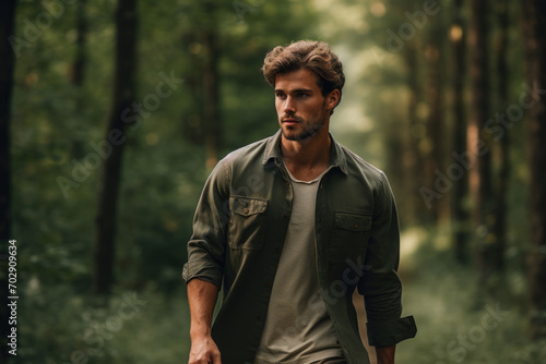 A young man in casual clothing stands thoughtfully in the forest. The concept is a moment of solitude and reflection in nature.