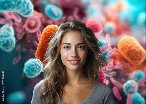 girl against the background of bacteria, is not afraid of them.