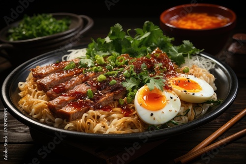 Asian noodle soup, ramen with chicken, tofu, vegetables and egg in black bowl on a wooden table