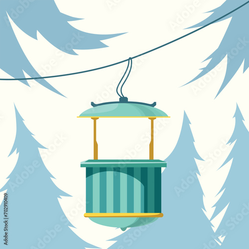 Retro funicular cabin in the winter forest. Holiday cable railway resort flat design