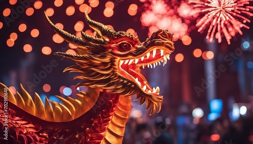 Dragon Explosive Festive Splendor. Vibrant Fireworks Illuminate the Chinese New Year Tradition