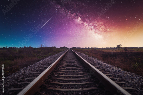 Railway Track with Milky way in night sky.