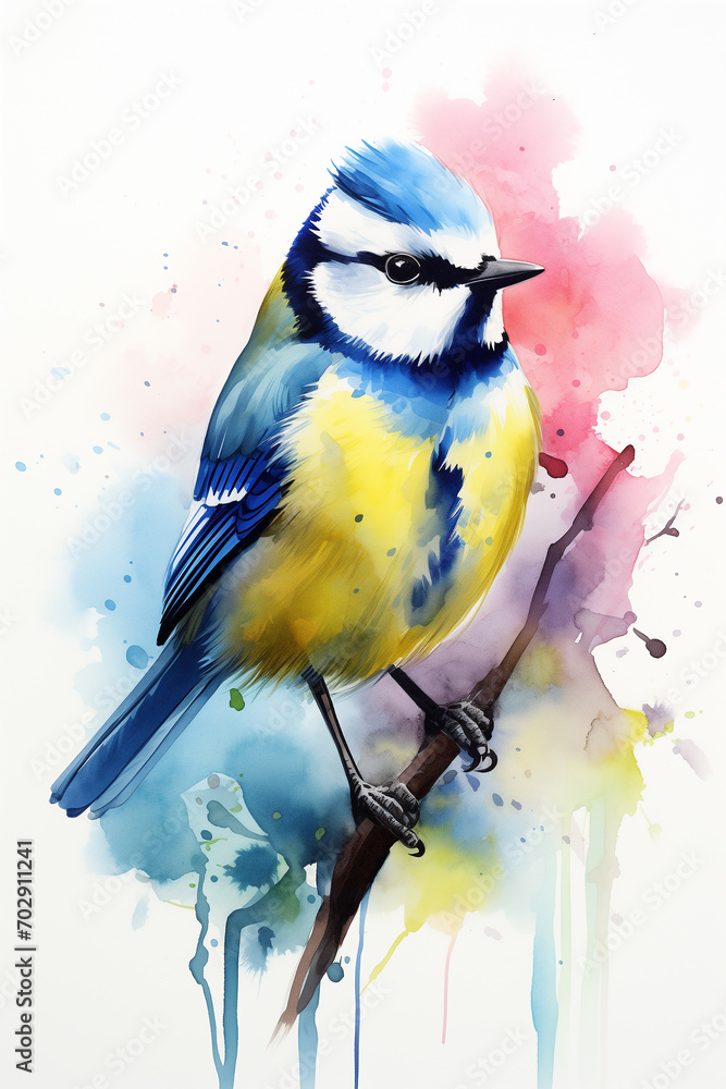 Obraz premium Watercolor image of Blue Tit bird. Painted illustration of forest and garden bird. Beautiful backyard avian on a white background