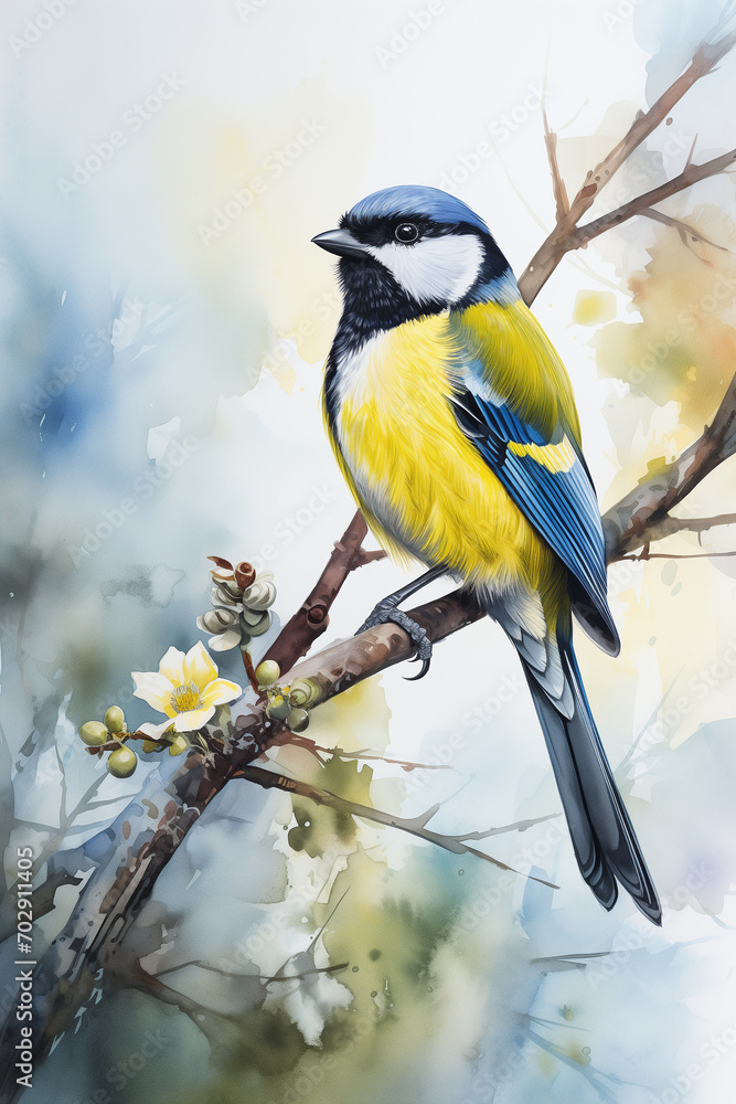 Watercolor image of Great Tit bird. Painted illustration of forest and garden bird Parus Major. Beautiful backyard avian on a white background Watercolor image of Great Tit bird. Painted illustration of forest and garden bird Parus Major. Beautiful backyard avian on a white background