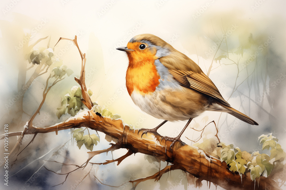 Watercolor image of Robin bird. Painted illustration of forest and garden bird.  Beautiful backyard avian on a white background