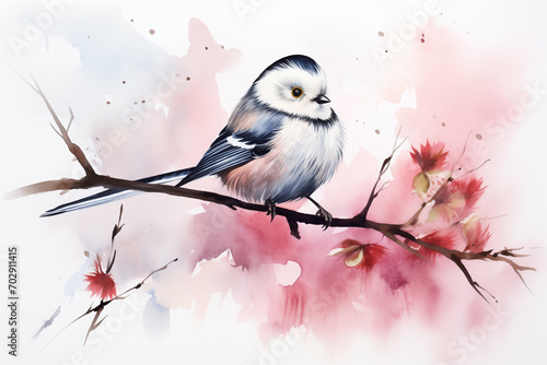 Watercolor image of Long-tailed Tit bird. Painted illustration of forest and garden bird.  Beautiful backyard avian on a white background photo