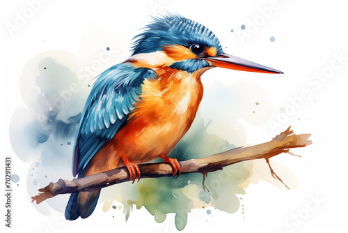 Watercolor image of Kingfisher bird. Painted illustration of forest and garden bird.  Beautiful backyard avian on a white background © thomas-art