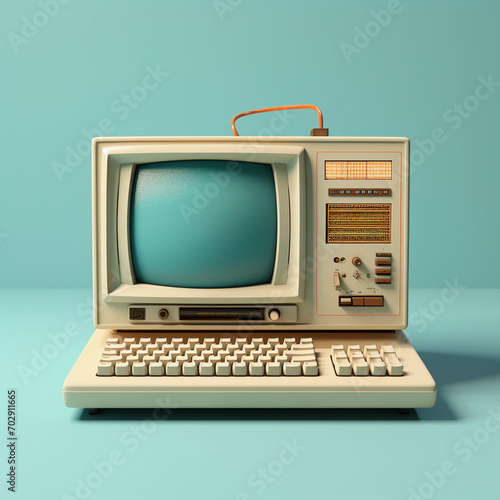 Retro computer on light blue background 