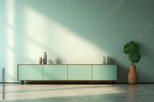 A table cabinet graces a modern mint empty room with minimal designs, contributing to the overall aesthetic of the space