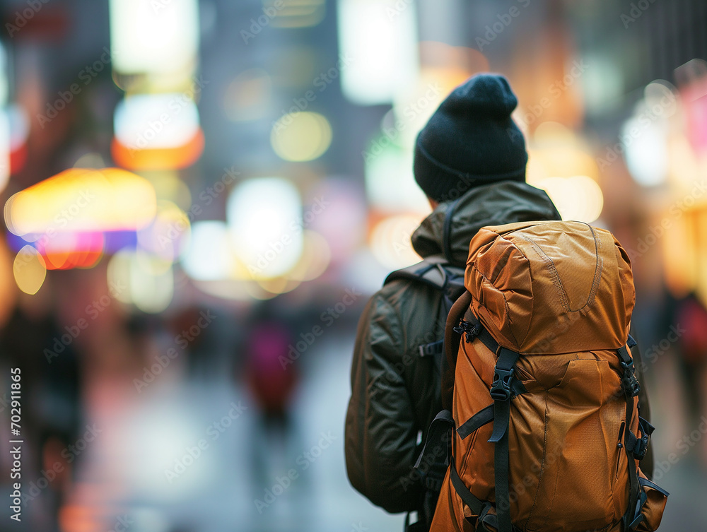 Backpacker man visiting a city, blurred city lights background, autumn / winter time Backpacker man visiting a city, blurred city lights background, autumn / winter time