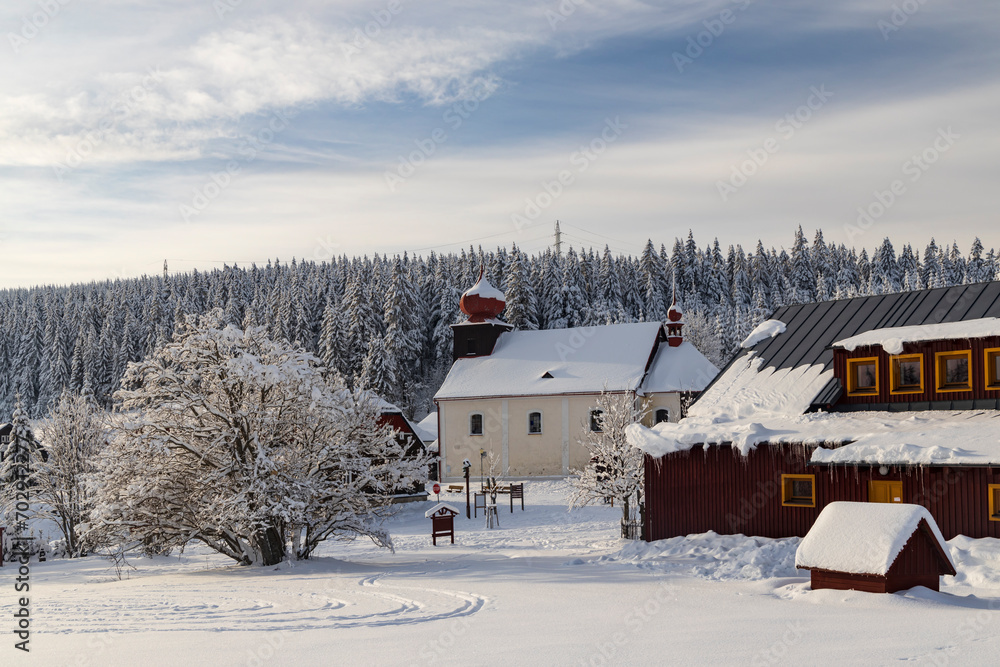 Winter landscape around Mala Upa, Giant Mountains (Krkonose), Eastern Bohemia, Czech Republic - obrazy, fototapety, plakaty 