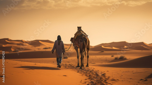 man on the journey with camel in the desert