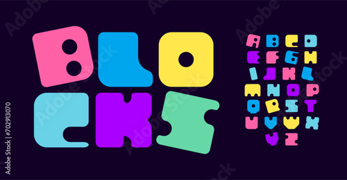 Colorful block style alphabet, unique blocks for childish toy logos, quirky, memorable signage, and standout headlines for children's zones. Vector typeset.