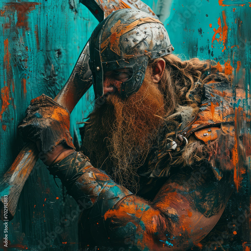 Viking with a hammer in teal and orange style