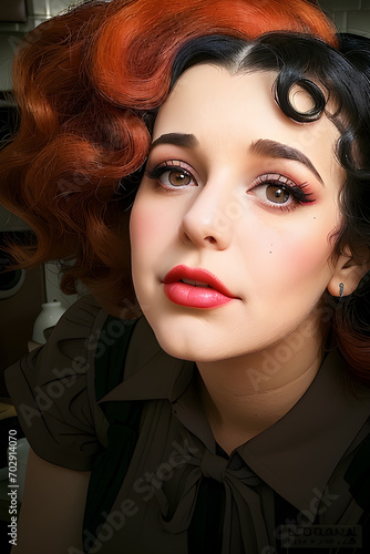 cartoon illustration of a beautiful woman in vintage style, cartoonised in a fun way