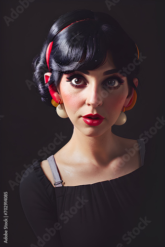 cartoon illustration of a beautiful woman in vintage style, cartoonised in a fun way