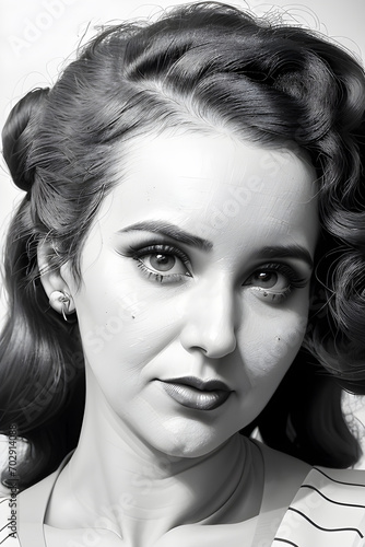 cartoon illustration of a beautiful woman in vintage style, cartoonised in a fun way