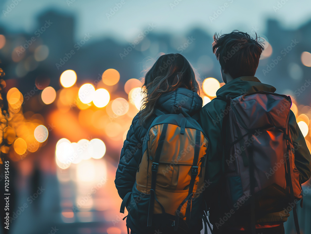 Backpackers couple visiting a city, blurred city lights background, autumn / winter time