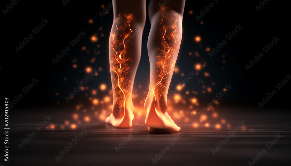 Legs from behind with glowing vein network in fire symbolizing pain and serious health conditions as healthcare background