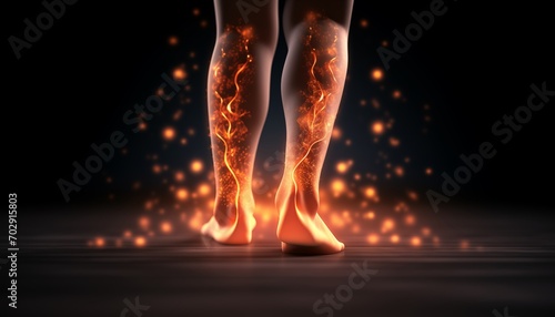 Legs from behind with glowing vein network in fire symbolizing pain and serious health conditions as healthcare background photo