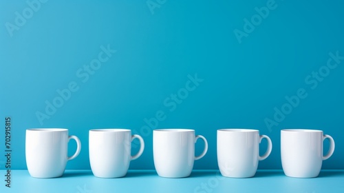 Five White Coffee Cups Lined Up in a Row