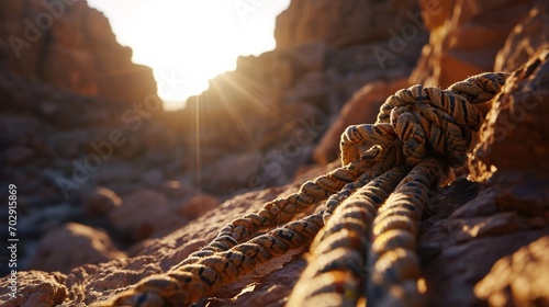 A detailed shot of a scout's rope coiled neatly, with a backdrop of a rugged, natural terrain, under the clear, bright midday sun.