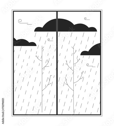 Rainy bad weather behind window black and white 2D line cartoon object. Falling rain drops gloomy clouds isolated vector outline item. Rainfall autumn overcast monochromatic flat spot illustration
