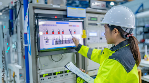 Electrical engineer woman checking voltage at the Power Distribution Cabinet in the control room,preventive maintenance Yearly,Thailand Electrician working at company photo