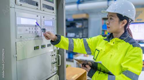 Electrical engineer woman checking voltage at the Power Distribution Cabinet in the control room,preventive maintenance Yearly,Thailand Electrician working at company photo