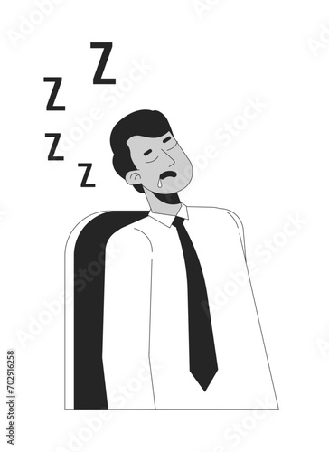 Sleeping employee male indian black and white 2D line cartoon character. South asian man napping on workplace isolated vector outline person. Exhausted worker monochromatic flat spot illustration