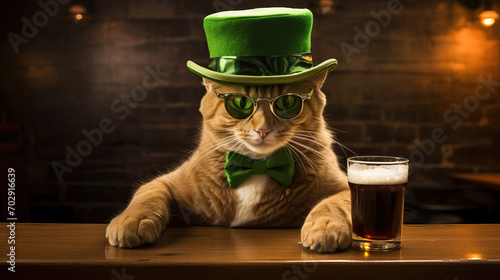 Cats celebrating St Patrick's Day dressed as Leprechauns at the pub drinking beer