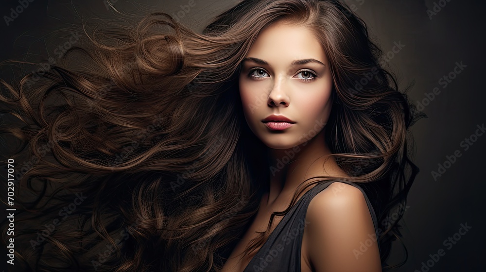 Beautiful female face with powerful silky hair and chic hairstyle. Perfect image of a beautiful brunette woman. Feminine image of natural beauty. Illustration for beauty and fashion magazine.