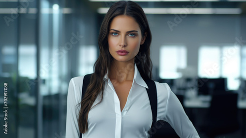 Beautiful brunette woman in stylish business clothes. Successful strong woman, office worker, manager.